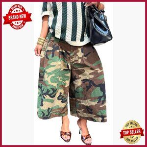 High Waist Wide Leg Cargo Jeans Camo Capris Polyester Blend Pull On